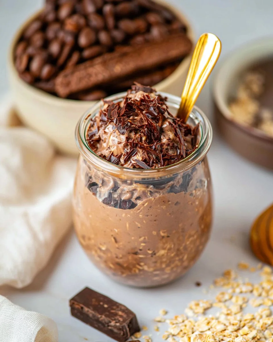 Bowl of mocha overnight oats topped with chocolate and coffee beans.