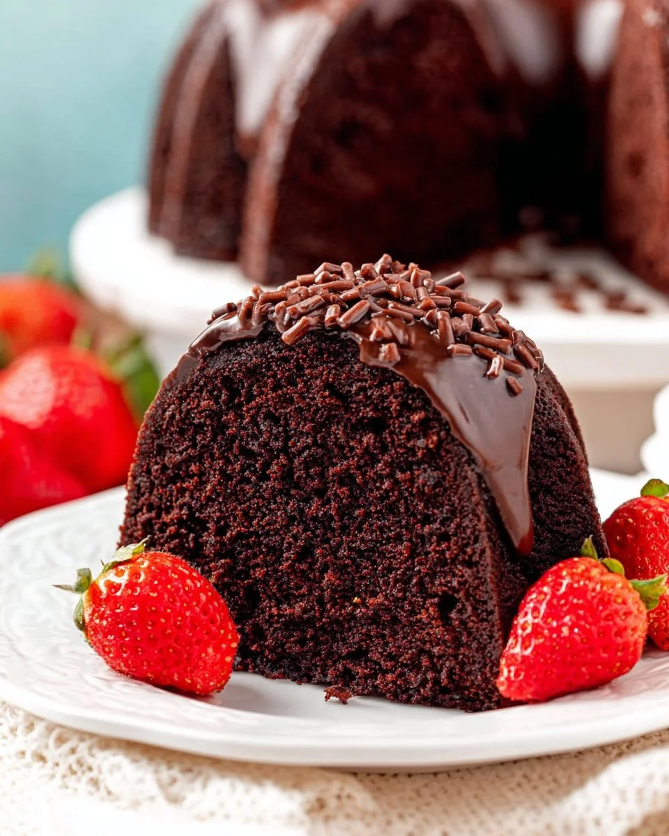 Nana's Devil's Food Cake featuring a rich dark chocolate Bundt design.