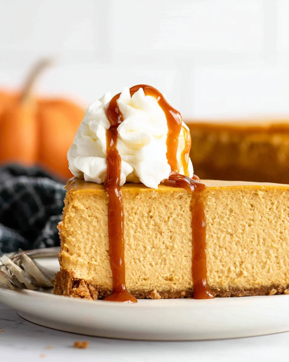 Delicious no bake pumpkin cheesecake topped with whipped cream and spices
