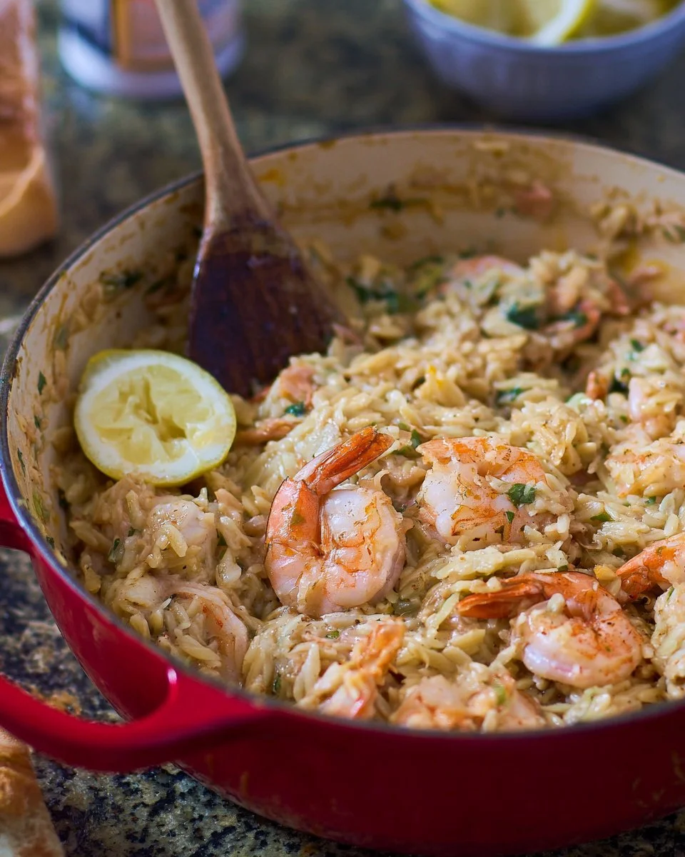 One Pot Lemon Orzo with Shrimp served in a bowl, garnished with parsley.