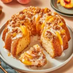 Delicious slice of peach cobbler pound cake topped with fresh peaches.