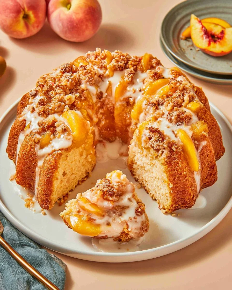 Delicious slice of peach cobbler pound cake topped with fresh peaches.
