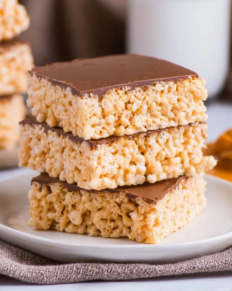 Delicious Peanut Butter Rice Krispie Treats displayed on a white plate.
