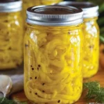 Jar of homemade pickled banana peppers with fresh ingredients.