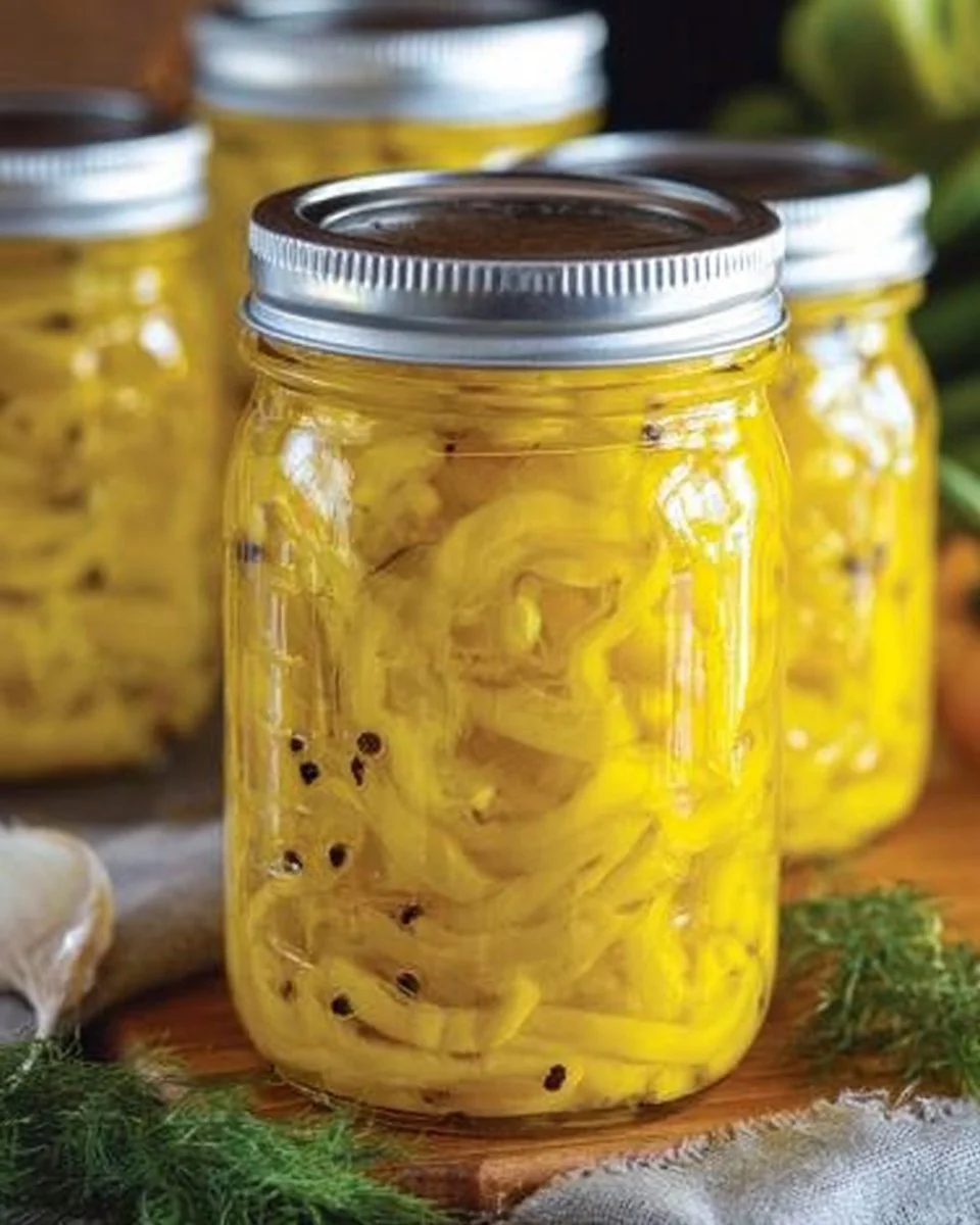 Jar of homemade pickled banana peppers with fresh ingredients.