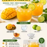 Glass of refreshing mango water garnished with fresh mango slices and mint.