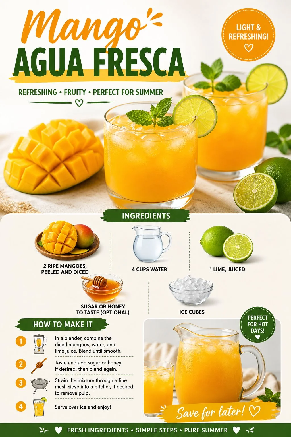 Glass of refreshing mango water garnished with fresh mango slices and mint.