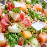 Refreshing melon and crispy prosciutto salad served in a bowl