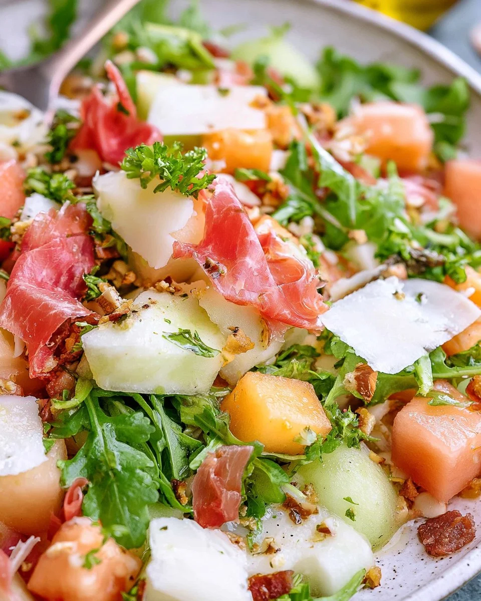 Refreshing melon and crispy prosciutto salad served in a bowl