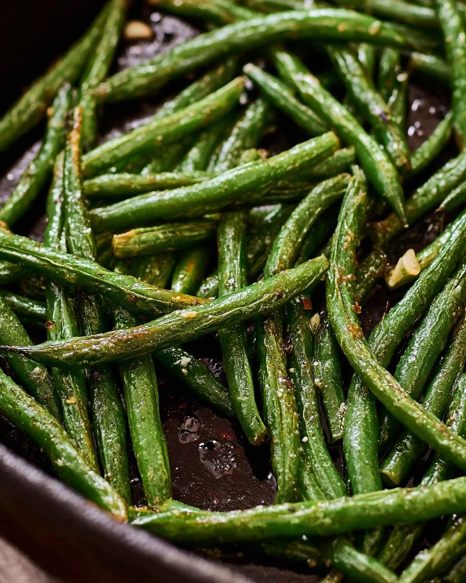 Delicious roasted garlic green beans on a serving platter