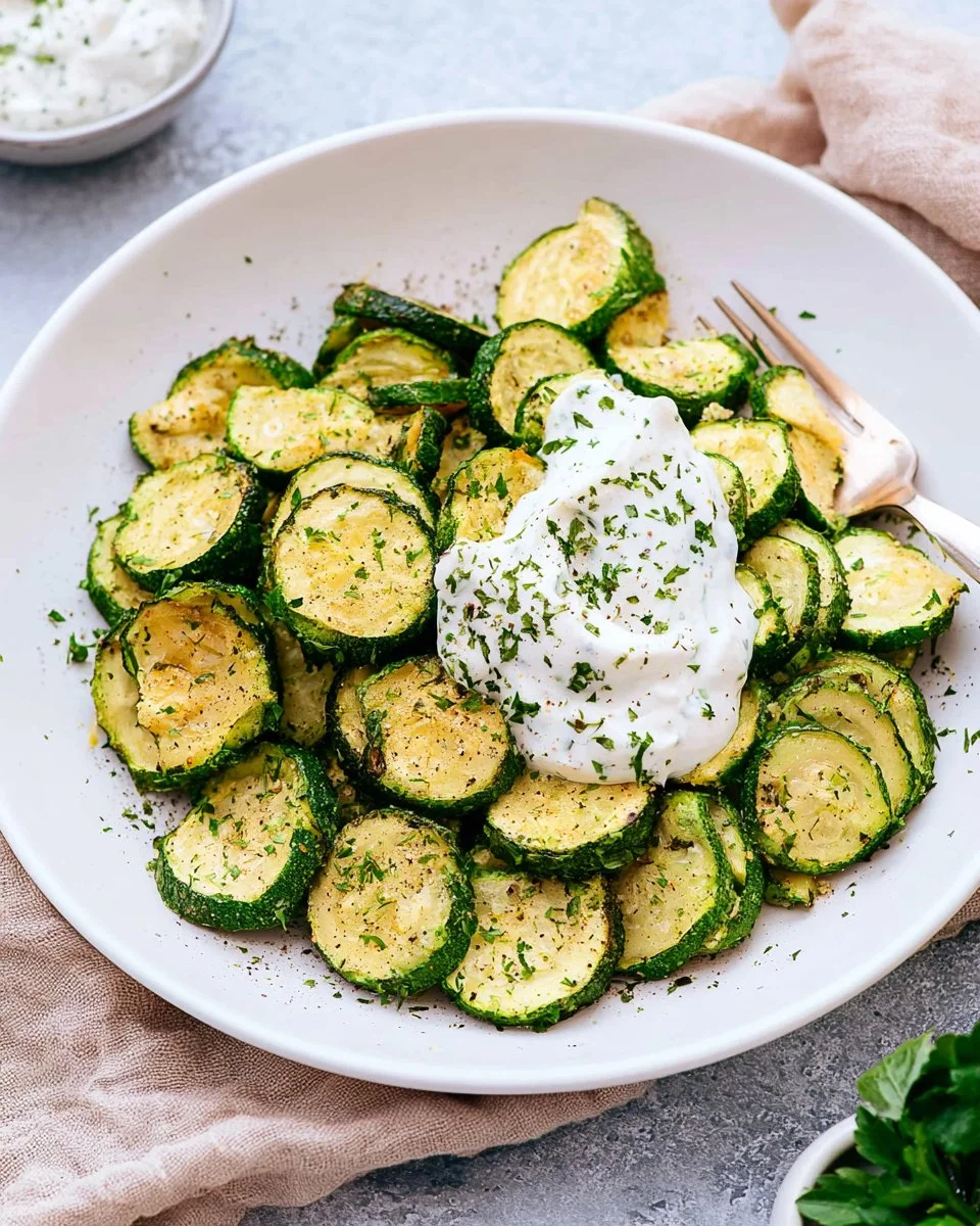Plate of crispy roasted ranch zucchini bites seasoned to perfection