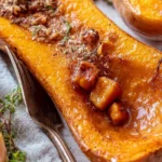 Roasted whole butternut squash served on a plate.