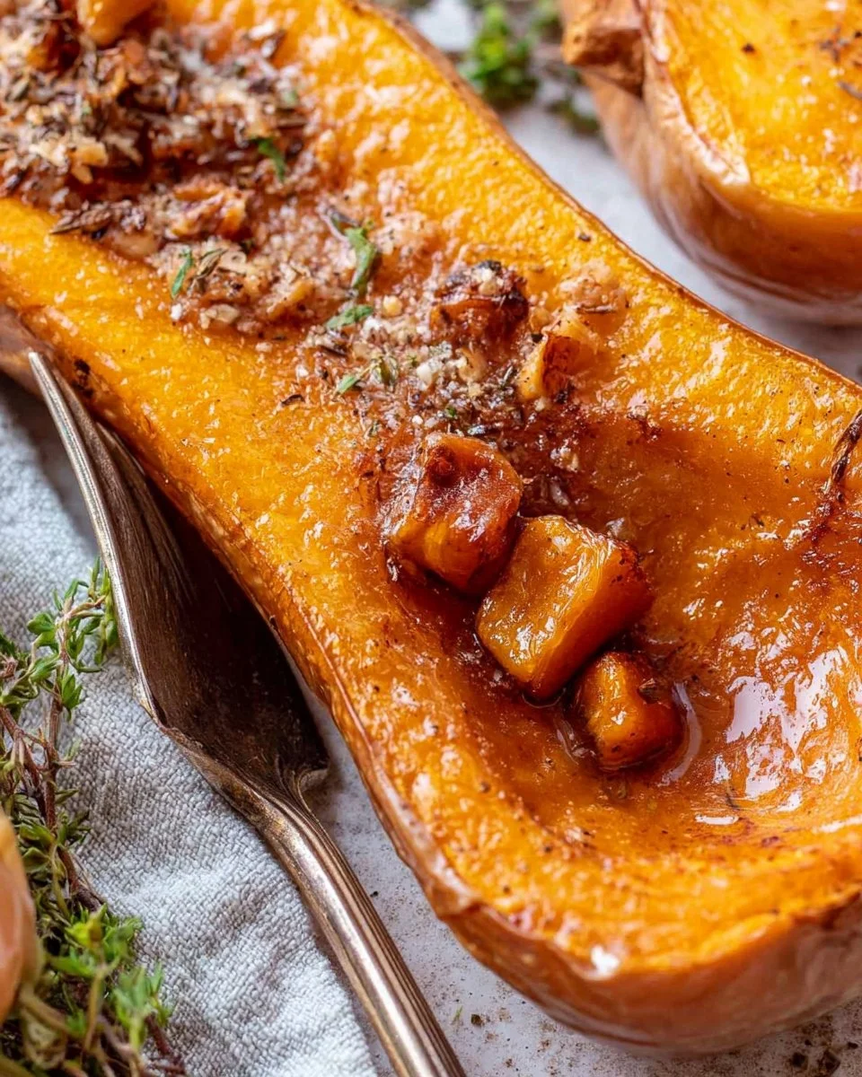 Roasted whole butternut squash served on a plate.