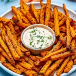 Savory carrot fries served with creamy chipotle dip on a plate