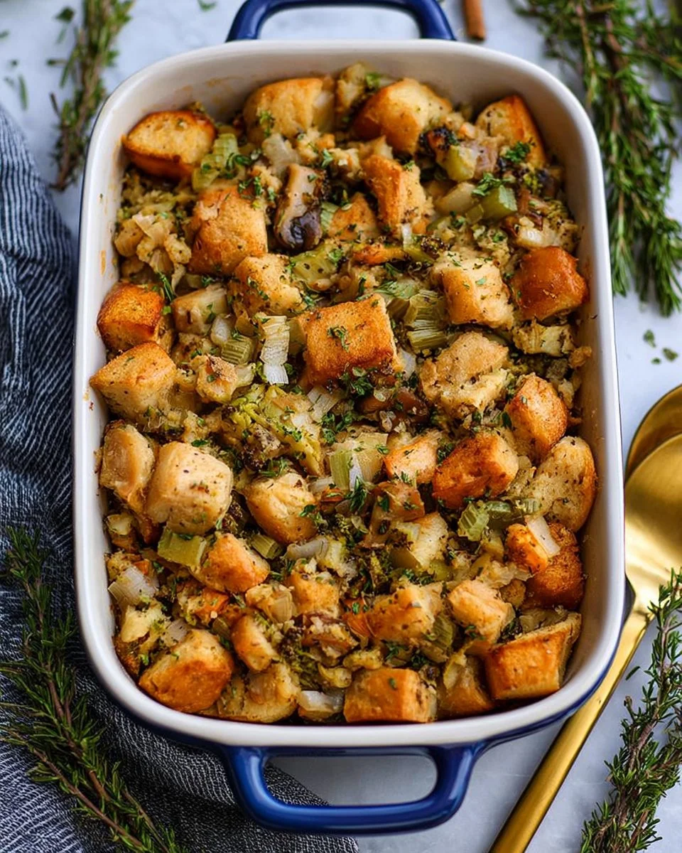 Bowl of simple vegan stuffing with herbs and vegetables.