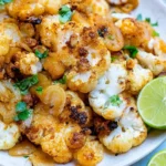 Delicious spiced roasted cauliflower garnished with herbs on a plate.