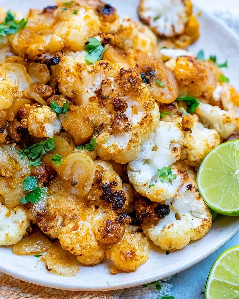 Delicious spiced roasted cauliflower garnished with herbs on a plate.