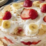 Delicious Strawberry Cheesecake Banana Pudding with fresh strawberries and creamy layers