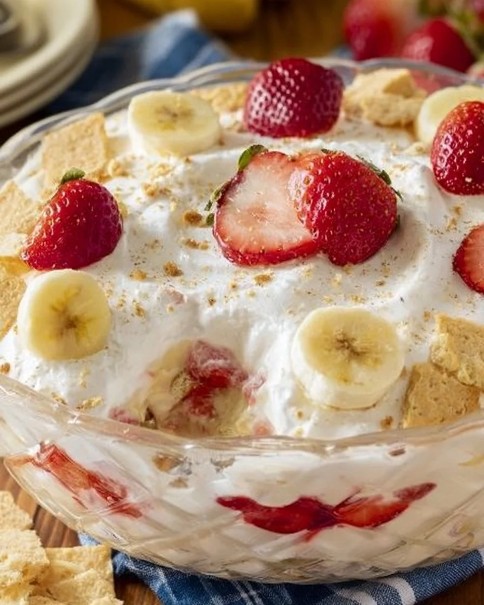 Delicious Strawberry Cheesecake Banana Pudding with fresh strawberries and creamy layers