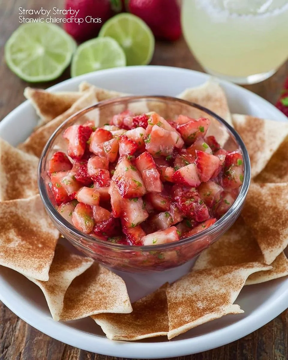 Bowl of strawberry salsa served with crispy pie crust chips