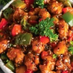 Sweet bell pepper chicken served with vibrant vegetables and rice.