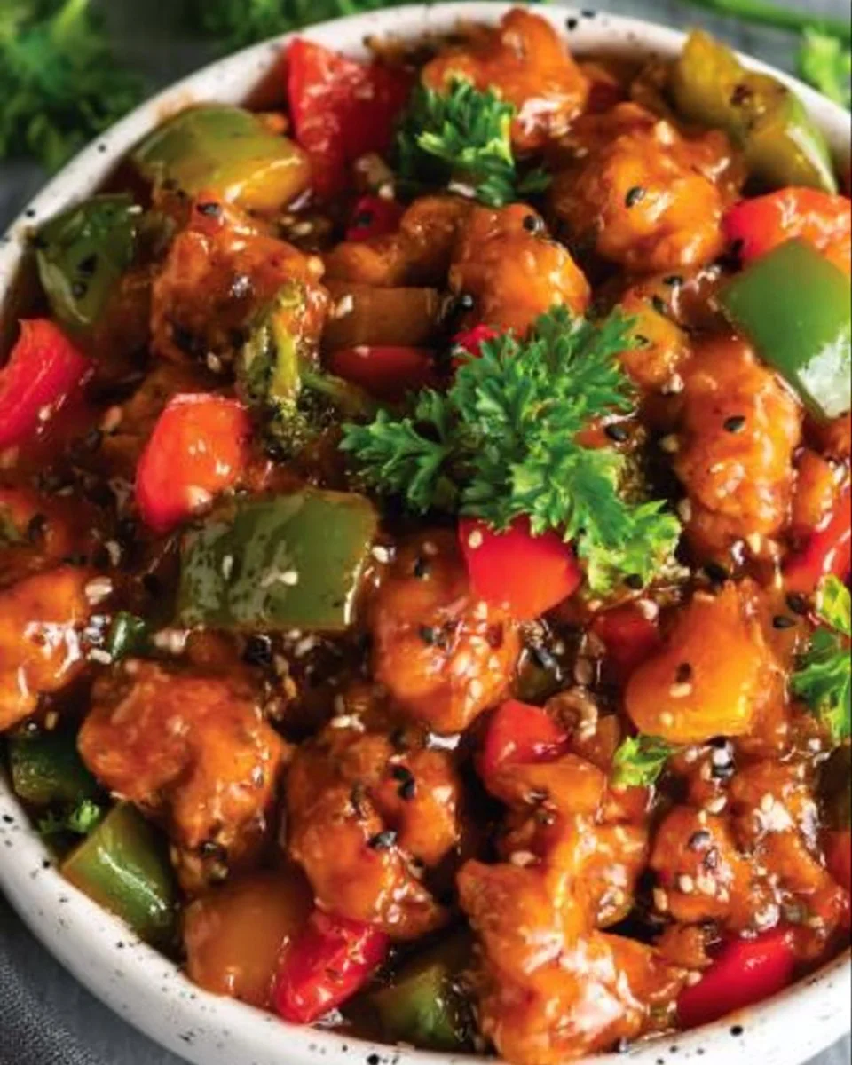 Sweet bell pepper chicken served with vibrant vegetables and rice.