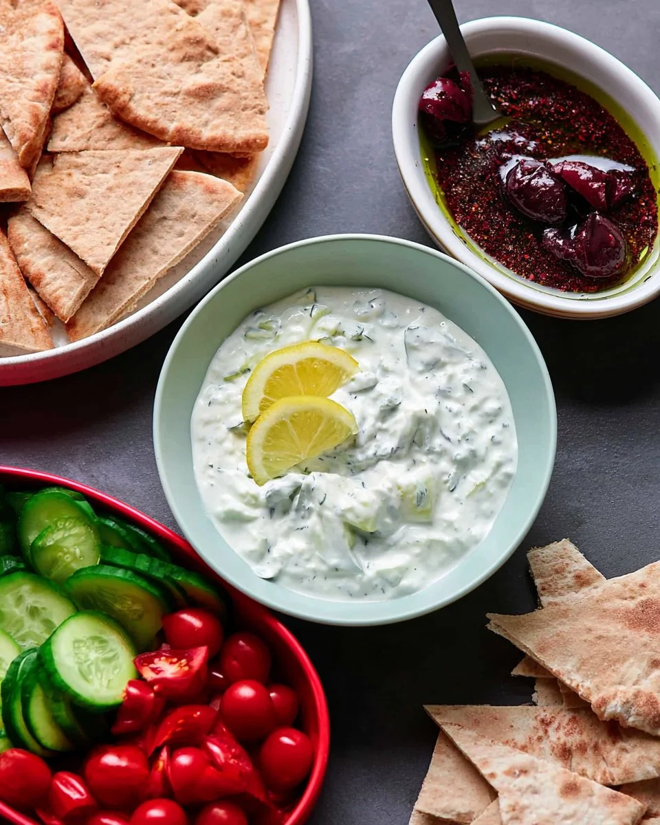 A bowl of homemade Tzatziki with cucumber and herbs