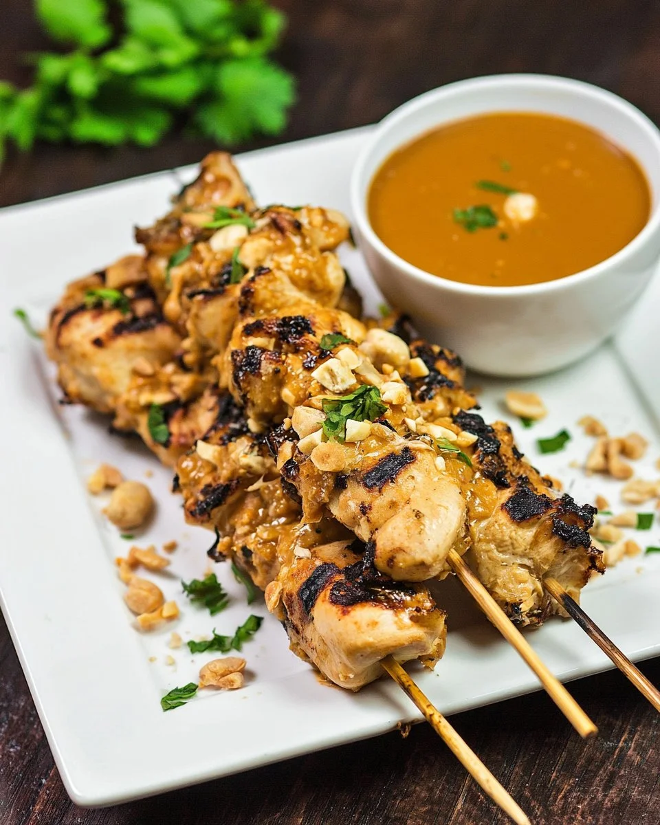 Thai Chicken Skewers served with creamy peanut sauce on a plate