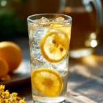 A refreshing glass of yuzu soda with citrus slices garnished on top