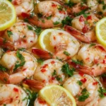 Baked lemon parsley shrimp served on a plate with herbs and lemon slices