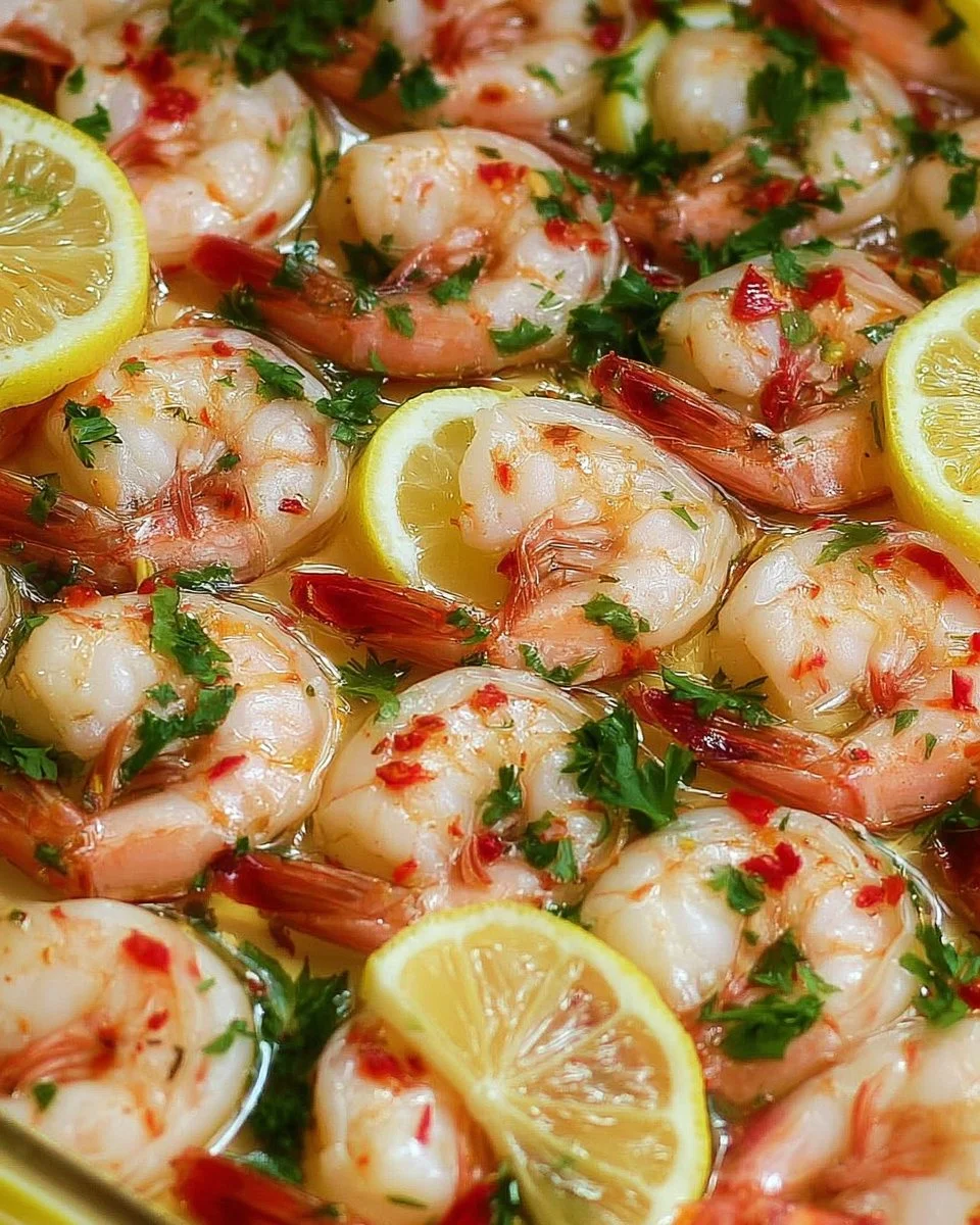 Baked lemon parsley shrimp served on a plate with herbs and lemon slices