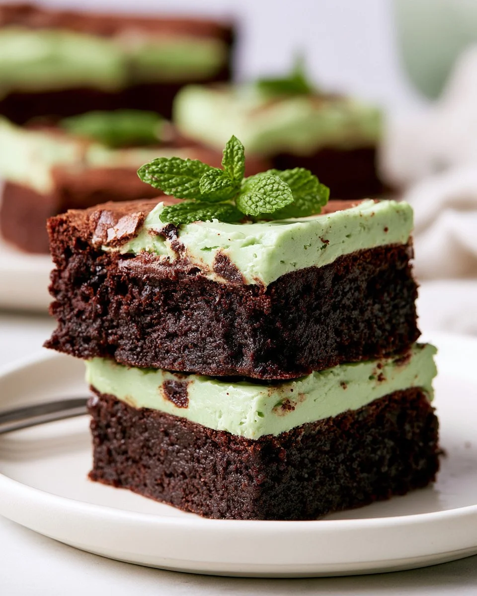 Delicious mint brownies topped with chocolate ganache and mint frosting