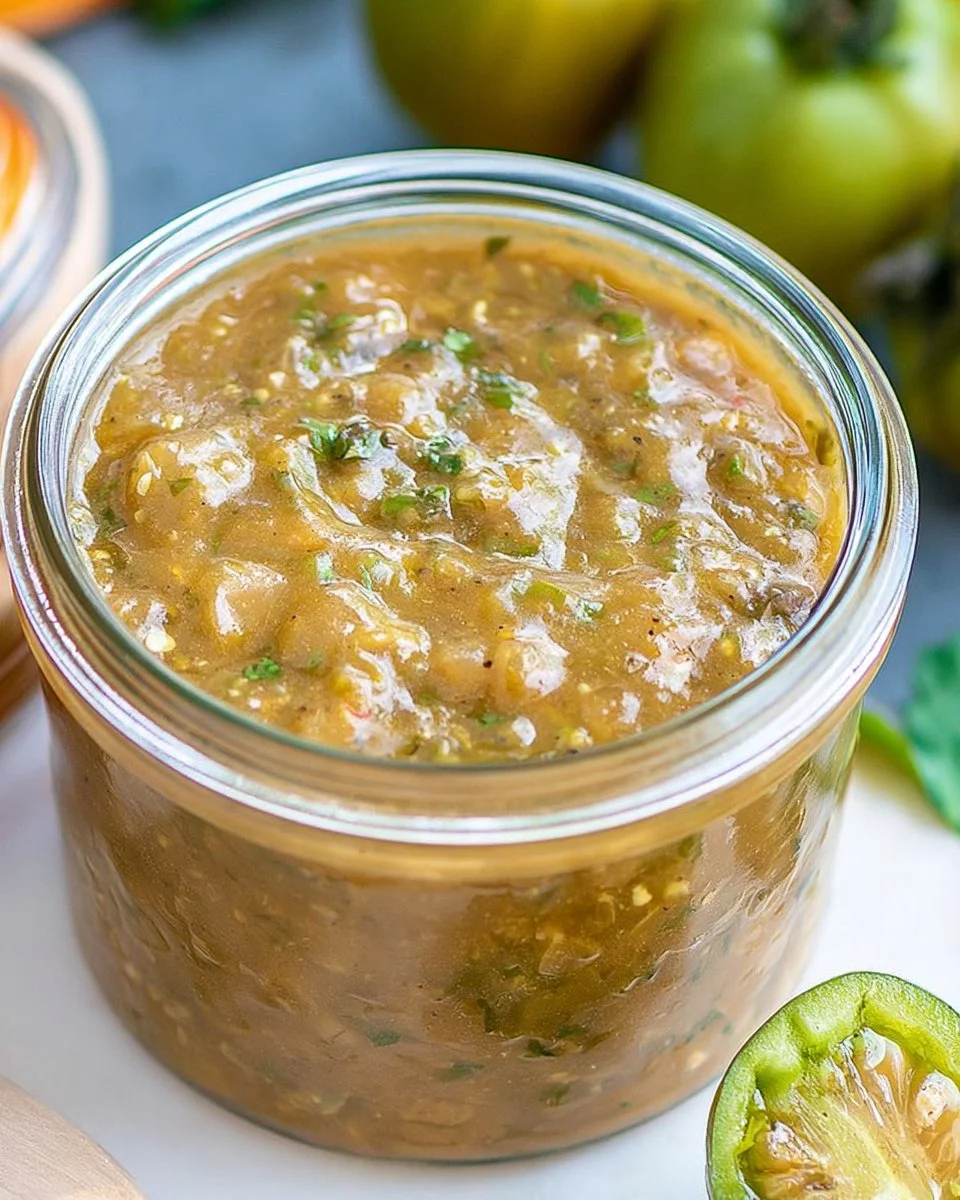 Roasted Green Tomato Salsa Verde served in a bowl with tortilla chips