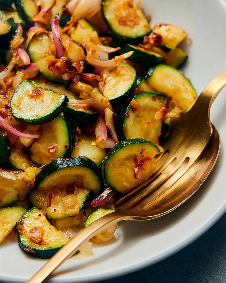 Plate of sautéed zucchini seasoned with herbs and spices